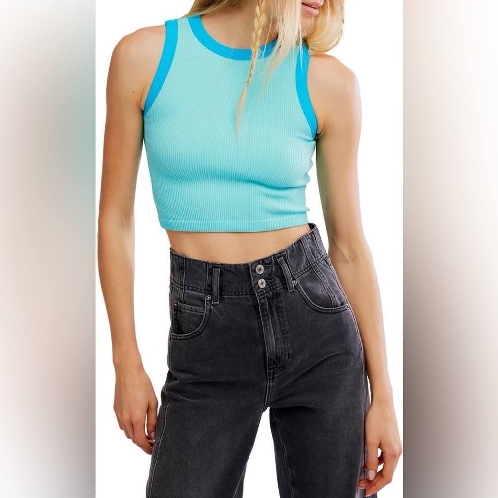 NWT Free People Make It Happen Rib Crop Tank In Aqua Sky Combo
